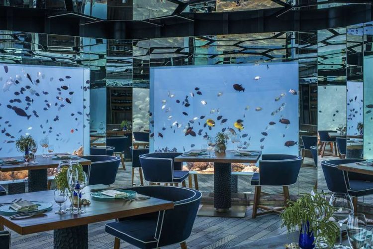 Dining area at Sea underwater restaurant surrounded by glass tanks filled with colourful fish